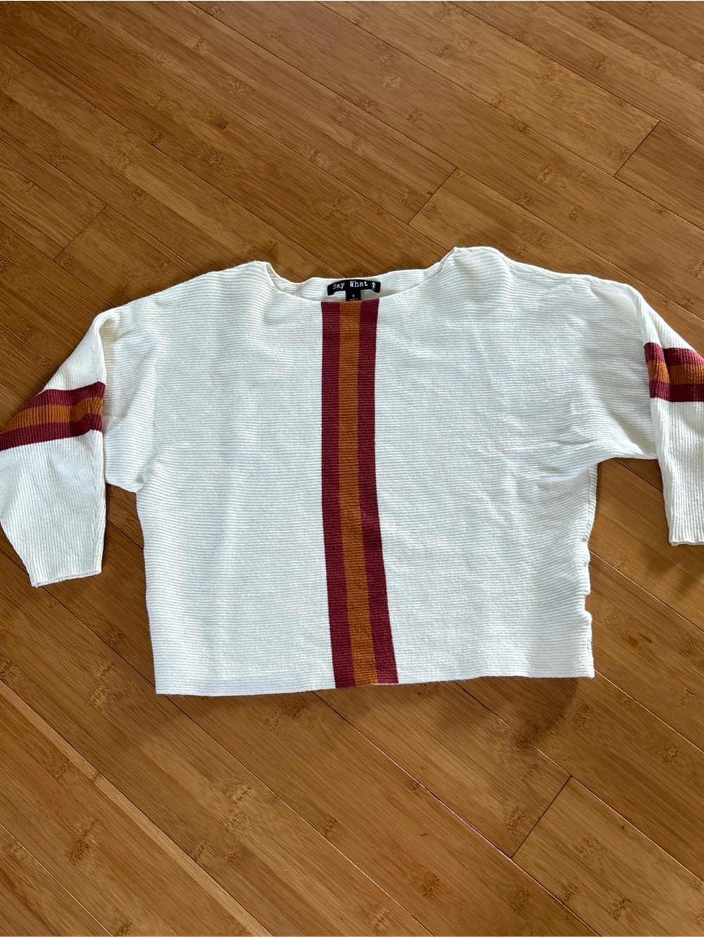 Say What? White Crewneck Sweater with Burgundy and Mustard Stripes